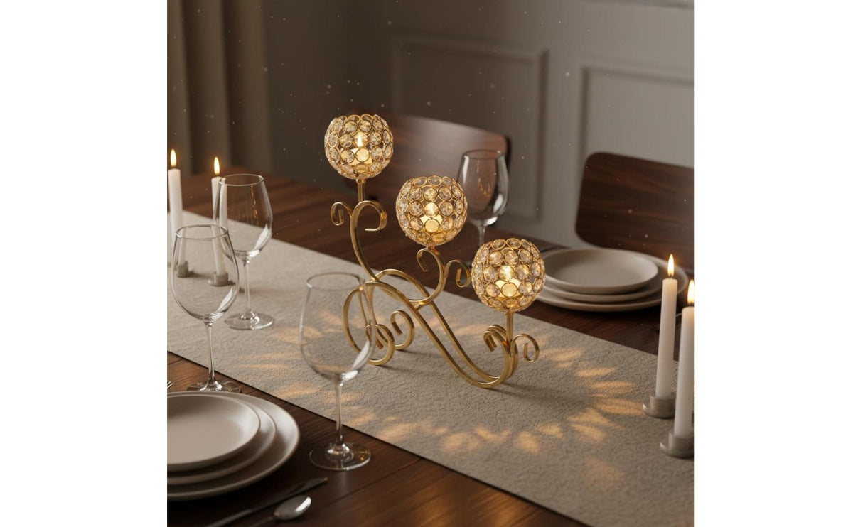 Elegant Swirl Shape 3-Arm Candelabra Ornamental Design Crystal Candle Holder Light Reflection Gold Metal Candelabra for Dinner Table, Dining Room