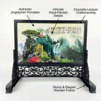 Desktop Screen for Desk Decoration, Chinese Antique Style Porcelain Plaque with Lacquerware Frame, Mini Display for Office Collectors
