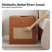 Rattan Weave Design Nightstand with Safe Multi-Functional Nightstand with Drawers space-saving Size Bedside Table Hidden Storage for Apartment Dwellers, homeowners Owners, Guest Room, Home Office