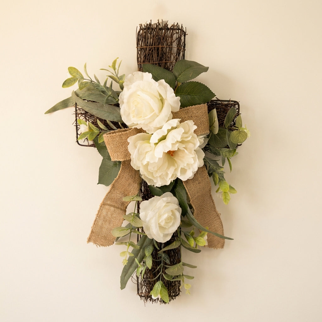 Peony Cross Wall Hanging Christian Themed Easter Cross Wreath Artificial Flowers Spring Floral Wreath for Christians, Friends, Front Door, Porch, Home