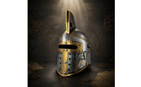 Raised Crest Spartan Helmet Statue Silver and Gold Antique-Style Helmet Ornament Distressed Finish Perforated Panels for Home Display