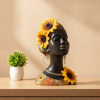 Female Bust Statue with Headwrap Matte Black Decoration Floral for Living Room