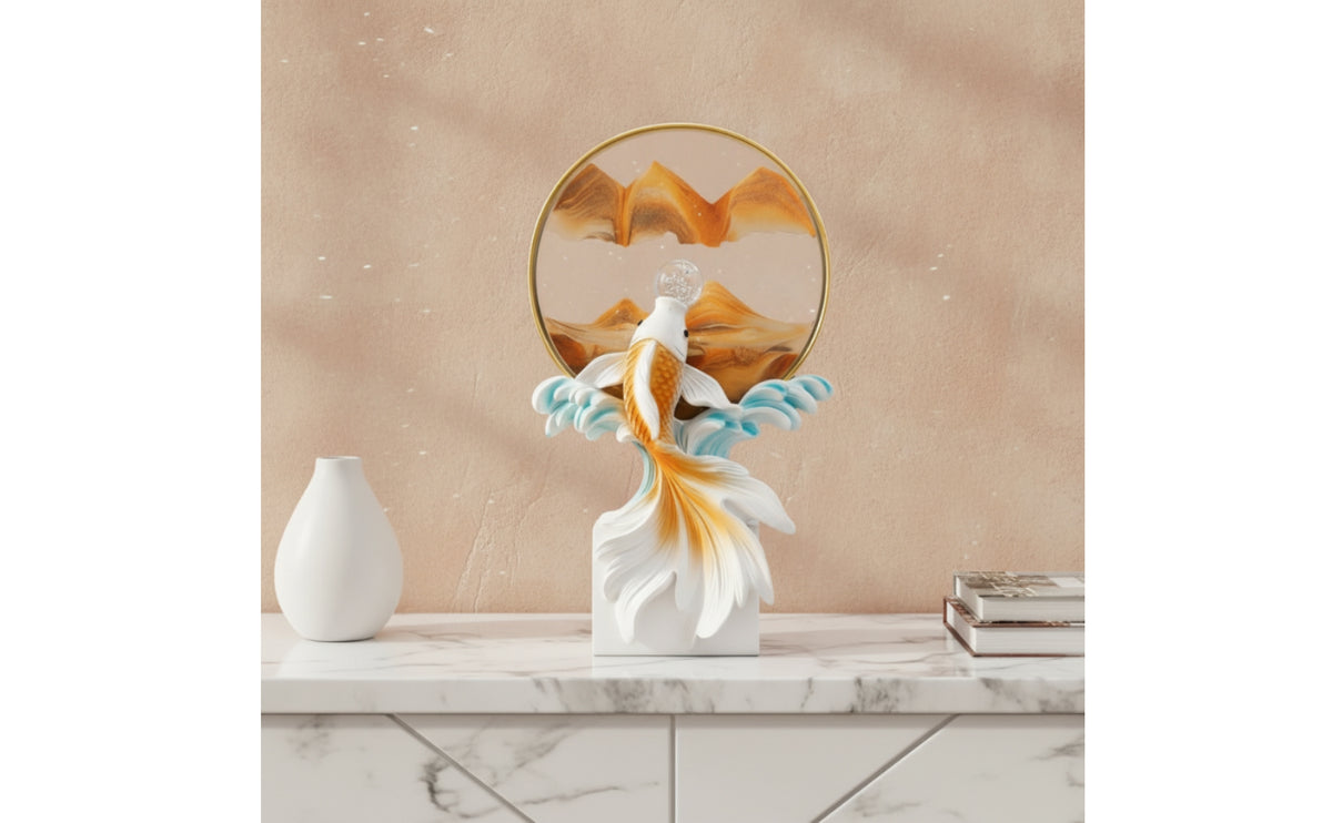Fish Statue with Hoop Backdrop Layered Fish Sculpture Carved Tabletop Ornament for Art Collectors, Living Room Table, Entryway Cabinet