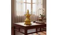 Brass Divine Remnants Stupa Auspicious Decor Golden Buddhist Pagoda Handcrafted Gem Embedded Stupa Ornament for Meditation Room, Home Altar, Office