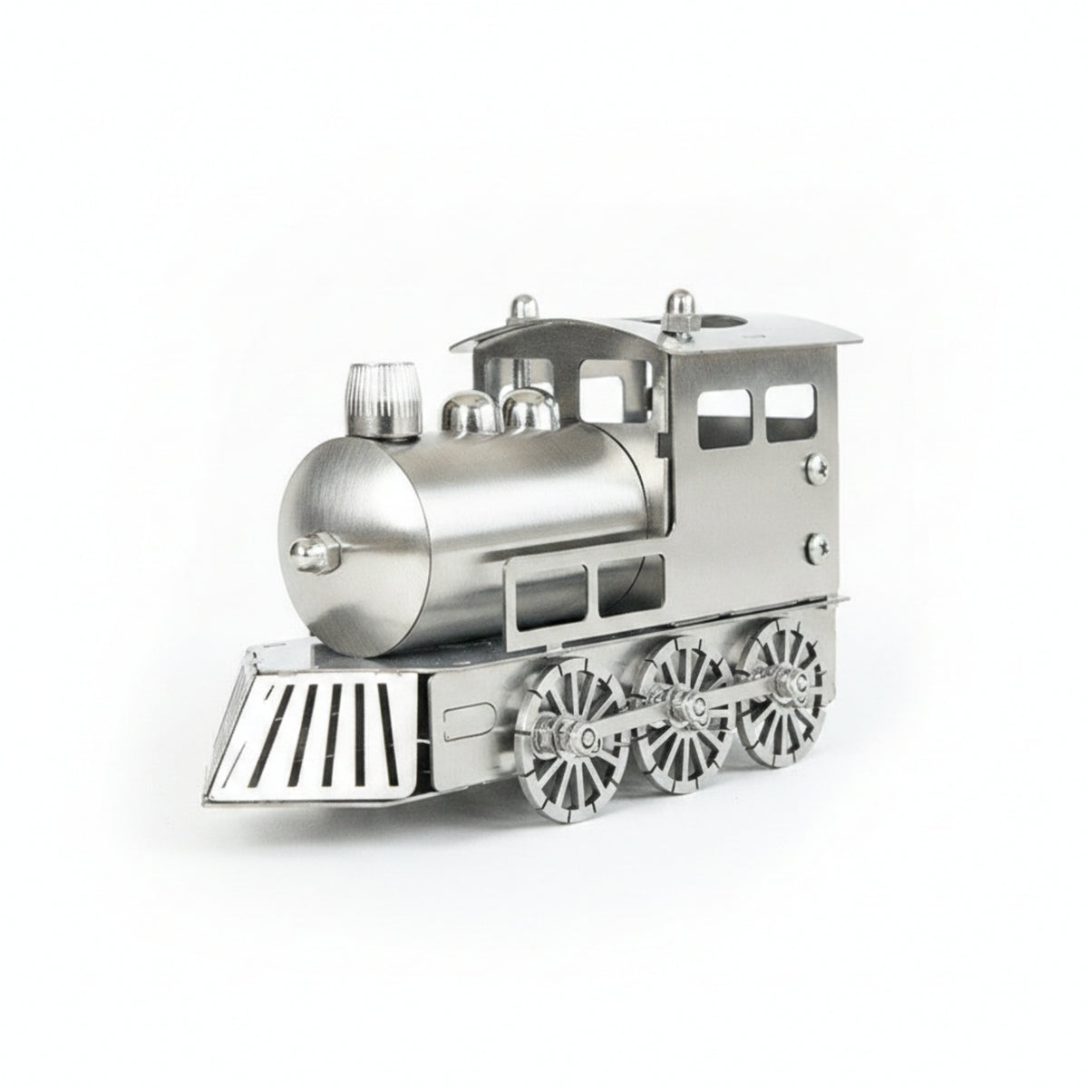 Industrial Style Stainless Steel Train Ornament Polished Silver Steam Engine Sculpture Spoked Wheels Metal Train Ornament Display Piece