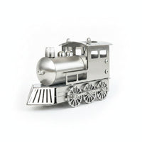 Industrial Style Stainless Steel Train Ornament Polished Silver Steam Engine Sculpture Spoked Wheels Metal Train Ornament Display Piece