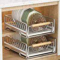 Carbon Steel Pull Out Dish Rack and Bowl Rack, Rectangular Double Layer Bowl and Plate Rack, Modern Minimalist Kitchen Drawer Organizer Shelf