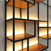 Wall-Mounted Wall Shelf, LED Light with Lighting, With Bar, Metal & Wood, 25x140cm, Cafe Display, Kitchen Storage Shelf