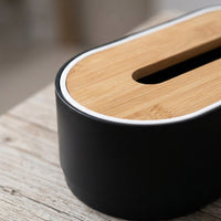 Car Accessories and Modern Tissue Box for Living Room, Bamboo Oval Shape Facial Tissue Holder with Lift Mechanism, 21.3x11.2x6cm Black Design