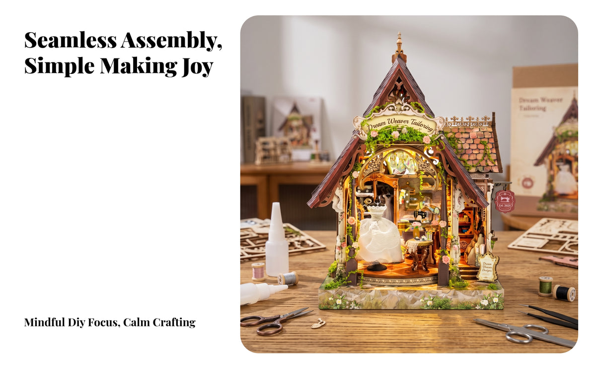 Hands-on DIY Tailor Shop Model | Detailed Interior Furnished Room, cottage-themed Structure, Miniature Wooden House Model, for Display Case