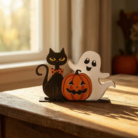 Freestanding Pumpkin Ghost Cat Sign Indoor Halloween Tabletop Decoration Holiday Wooden Halloween Centerpiece Autumn for Mantel