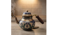 Handmade Copper Turkish Teapot Floral Scroll Design Decorative Copper Tea Pot Metallic-Finish Trim Turkish Style Teapot Wood-Textured Grip