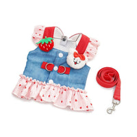 Dog Harness Dress with Leash Strawberry Cat Harness Dress with Leash Ruffled Cute for Small Dogs, Outdoor Walking, Daily Walks
