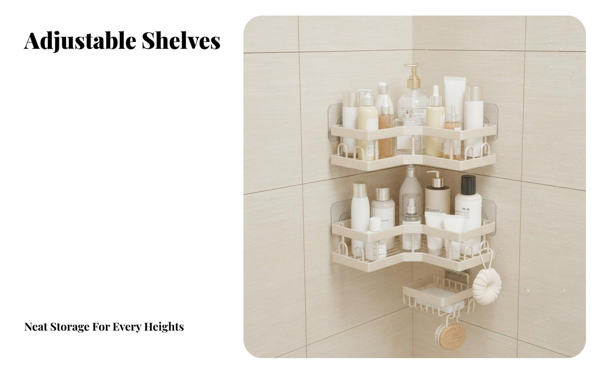 No-Drill Installation Adhesive Corner Shelf Space-Saving Corner Holder Set Rustproof Bathroom Accessory Drainage Design for Homeowners, Students, Families, Washroom, Dorm Room, Kitchen