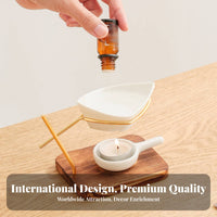 Wooden Base Lamp Detachable Bowl Tealight Oil Warmer Heat-Resistant Geometric Metal Holder Oil Dispenser for Meditation Studio, Office, Washroom
