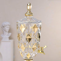 Glass Juice Dispenser with Ornate Gold Lid, 2L Water Dispenser and Beverage Dispenser with Tap Handle, Elegant Lemonade Dispenser for Home Use
