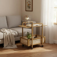 On Wheels Rattan Design Tea Trolley Space Saving Wheeled Storage Trolley Easy Assembly 2-Tier Rolling Cart Sturdy Construction for Bedroom, Office