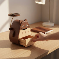 Cat Shaped Desk Organizer Wood Wooden Drawer Storage Box Multi-Compartment Design Cute Cartoon Storage Holder for Bedroom