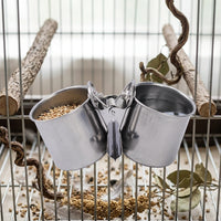 Parrot Feeder and Cockatiel Feeder with Clamp Holder, Stainless Steel Budgie Feeder Double Cup, Bird Food Cup for Small Pet Birds and Feeder Pet
