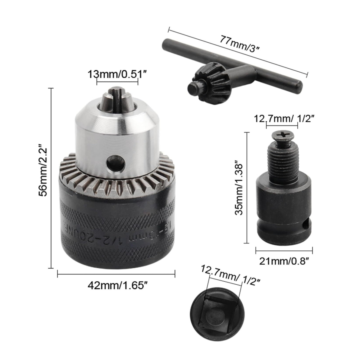 3 Pieces Threaded Drill Chuck with Adapter Compatible Drill Chuck with Key Heavy-Duty Comfortable Grip for Machinists, DIYers, Workshop