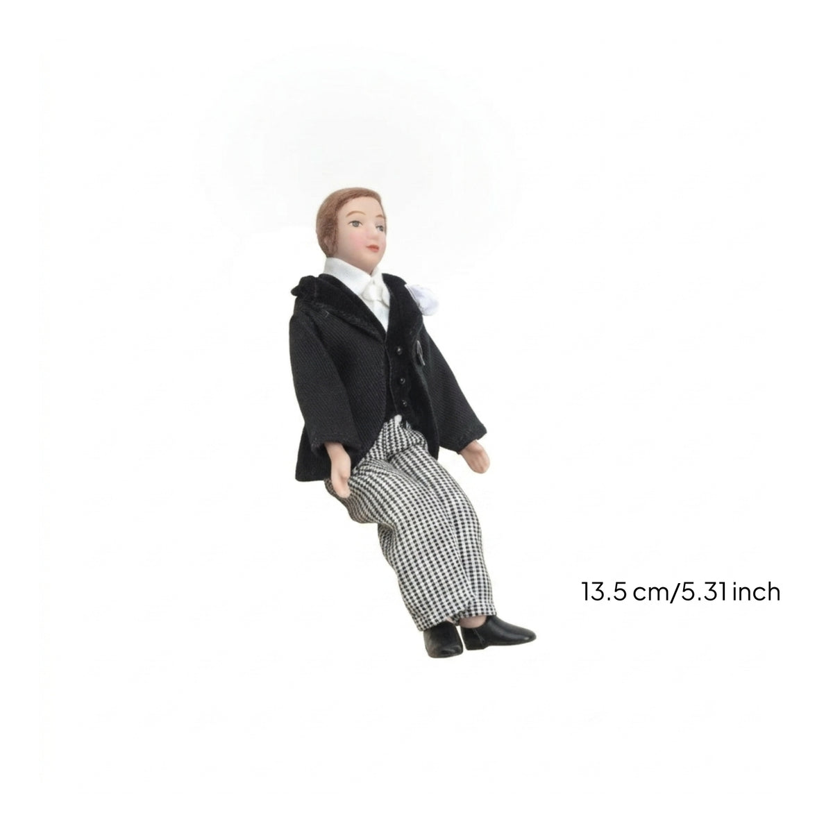 Bendable Knees Male Tuxedo Doll Moving Arms 1:12 Scale Doll Ceramic Head 1:12 Scale Suit Set Textile Clothing for Dollhouse Hobbyists, Collectors