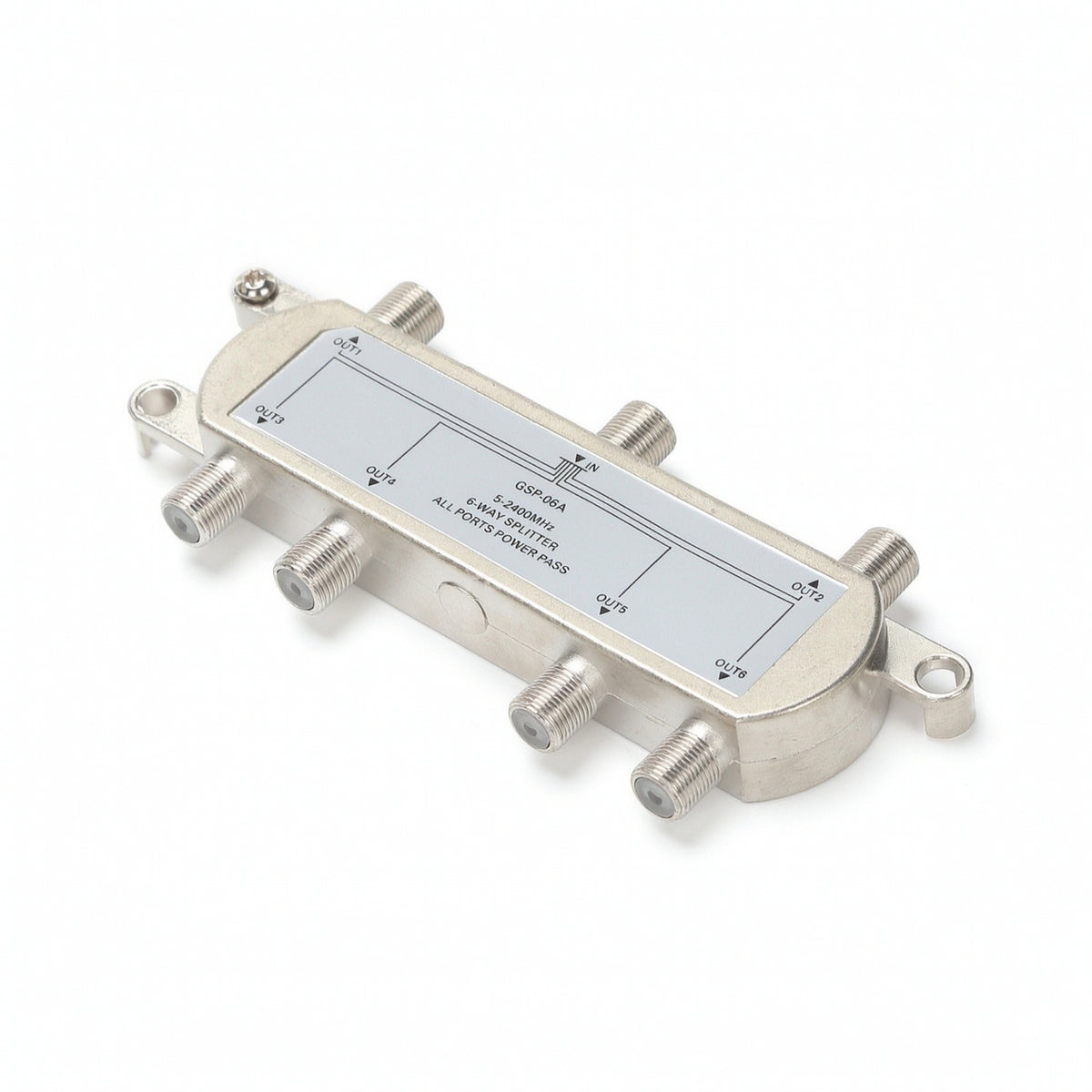 6-Way Coaxial Splitter 75-Ohm Coaxial Splitter with Mounting Ears 5-2400 MHz Power Passing for CATV Installations