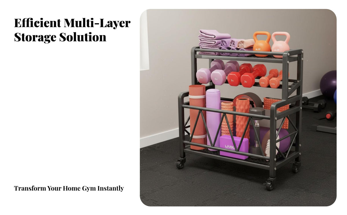 With Wheels Exercise Mat and Ball Storage Rack Space Saving Design Home Gym Storage Cart Lockable Casters Rolling Sports Gear Rack Easy Assembly for Basement