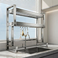 Over Sink Dish Rack Stainless Steel Dish Rack, Double Layer Full Set with Utensil Holder, Cutting Board Rack, Knife Rack, Cleaning Basket Drainer