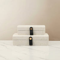 2 Pieces Decorative Storage Box with Strap Closure Hard-Sided Textile Storage Box with Lid Neutral Closet Organizer Container for Vanity
