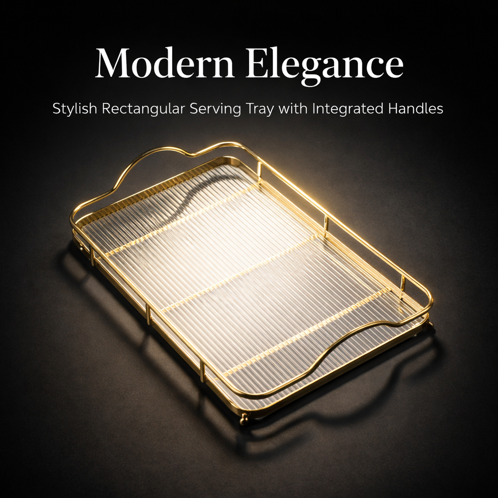Decorative Tray Acrylic with Metal Handles and Striped Pattern, Serving for Coffee Table and Vanity Rectangular with for Kitchen