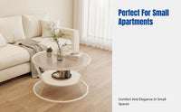 Round Tempered Glass Coffee Table, Cream Style, Double-Tier Storage, Modern Living Room, Small Apartment