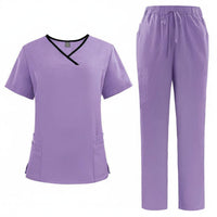Multiple Pockets V-Neck Scrub Set Drawstring Waist Short Sleeve Nursing Attire Breathable Two-Piece Medical Workwear Soft Material for Dentists, Healthcare Workers, Veterinarians, Oral Health Office, Hospital, Medical Facility