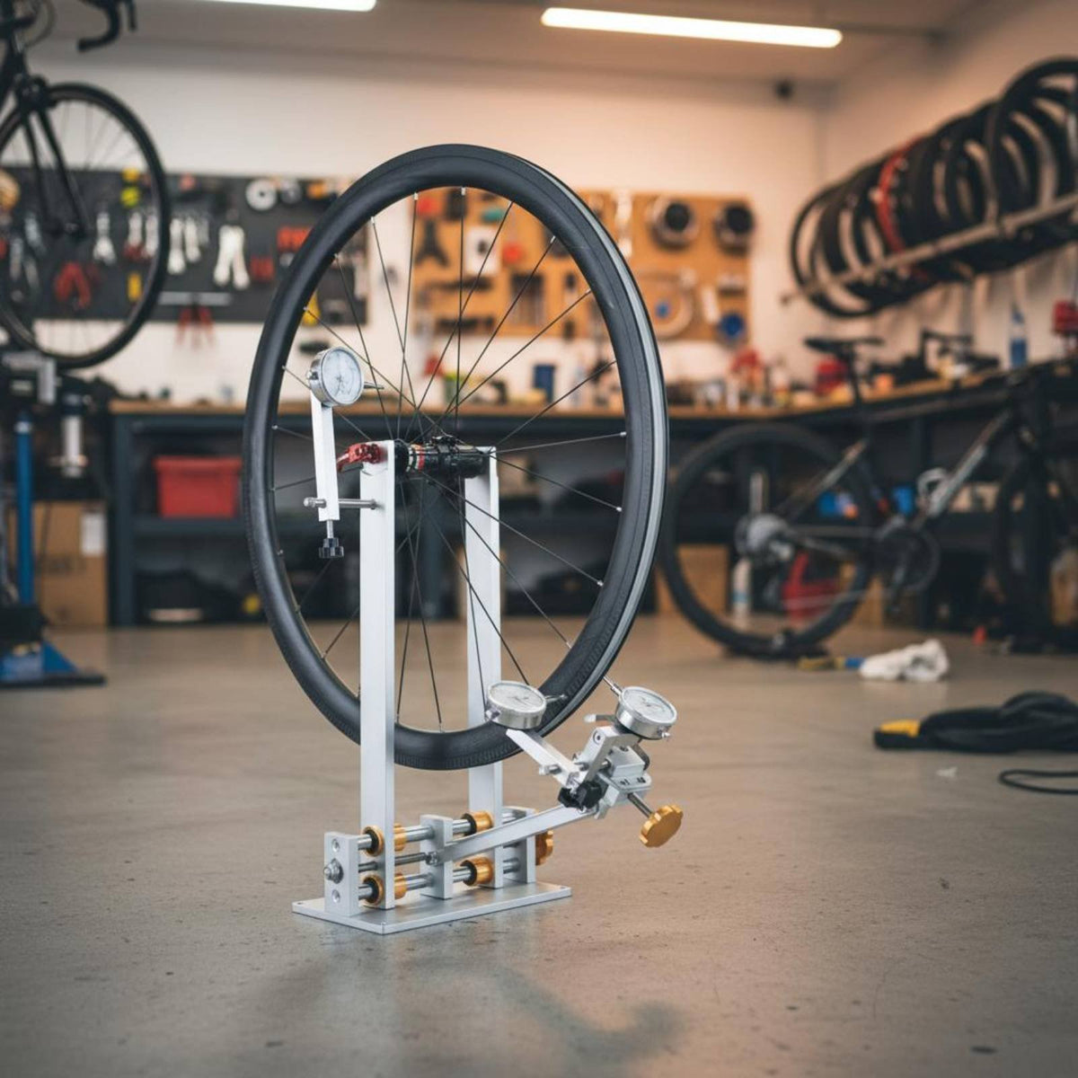Two-Wheeler Wheel Truing Stand High Precision Dial Indicators Wheelset Correction Jig Aluminum Alloy Construction Bike Wheel Building Stand for Garage