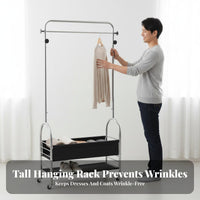 Large Capacity Mobile Clothes Rack with Storage Bin Sturdy Garment Rack with Shelf Heavy Duty Complimentary Standing Closet Organizer on Wheels Multi-Purpose for Renters, Students, Boutique Owners, Bedroom, Living Room, Entryway, Apartment