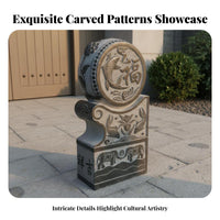 Chinese Drum Stone Auspicious Design Bluestone Sculpture Weather Resistant Antique Entrance Accent Ornament for Homeowners, Collectors, Courtyard