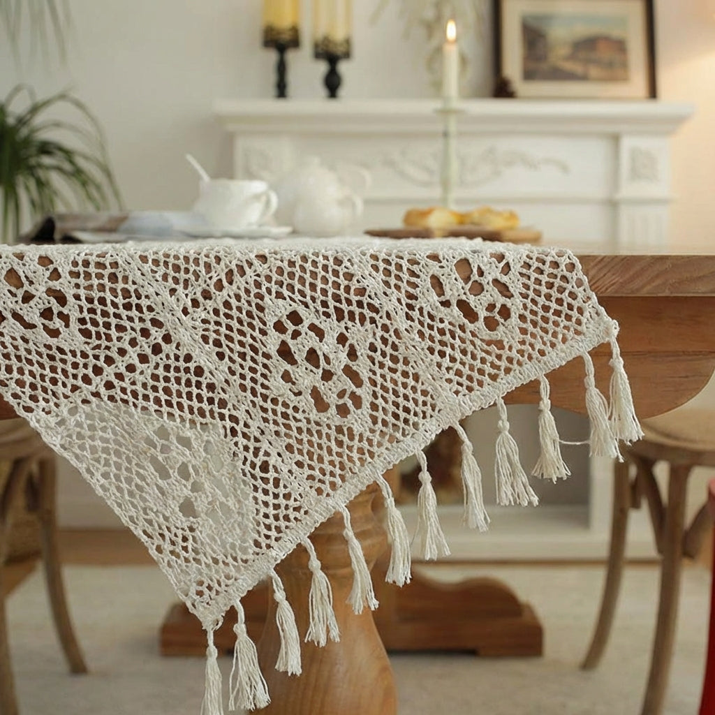 Crochet Lace Table Runner Handmade Crochet Table Runner Tassel Fringe Hollow-out Dining Mat for Event Planners, Tea Ceremony, Weddings, Dinner Parties
