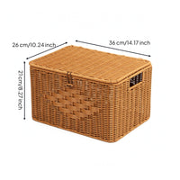 Natural Brown Imitation-Rattan Storage Box Rounded Edges Handmade Lidded Box Handle Openings Rectangular Storage Basket Handwoven