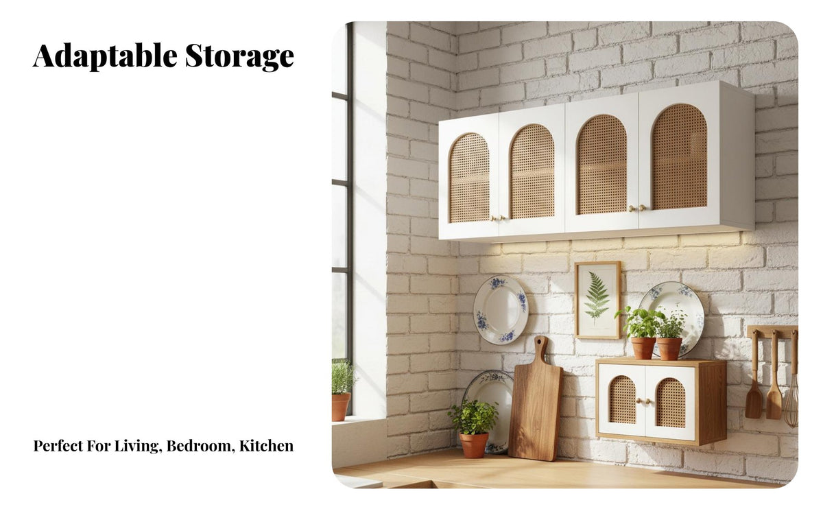 Arched Rattan-Door Cabinet Multifunctional Arched Rattan Cabinet Sturdy Robust Storage Cupboard for Homeowners, Renters, Bathroom, Bedroom, Kitchen