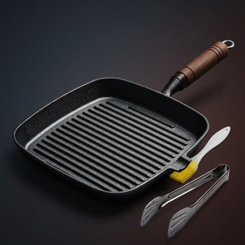 Frying Pan for Induction Hob and Home Cooking, Heavy Duty Cast Iron Skillet with Wood Handle and Tongs, Square Grill Pan, Outdoor Cooking Gear