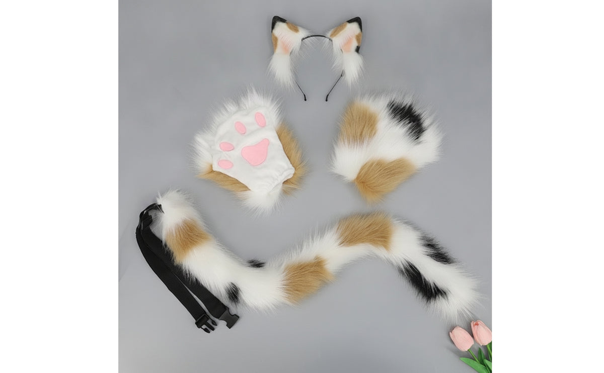 Cat Cosplay Set with Gloves Faux Hair Cat Costume Set Furry Animal Ears Headband for Cosplayers, Photo Shoots