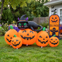 Inflatable Black Cat and Pumpkin Cute Inflatable Cat with Pumpkins Outdoor Halloween Decoration Bright for Lawn