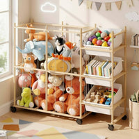 Wooden Toy Storage Organizer Easy to Move Detachable Toy Shelf Large Capacity Mobile Storage Rack for Playroom