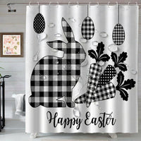 Happy Easter Shower Curtain, Cute Rabbit with Egg Decor Buffalo Plaid Design Fabric Shower Curtains for Homeowners, Adults, Bathtub, Black and White Cloth Fabric Bath Curtain