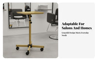 Golden Finish Wheeled Service Tray Rolling Wheels Adjustable Tray Stand Sturdy Construction Salon Equipment Easy to Clean for Hairstylists, Hair Stylists Artists, Barbershop, Beauty Spa, Medical Facility, Home Use