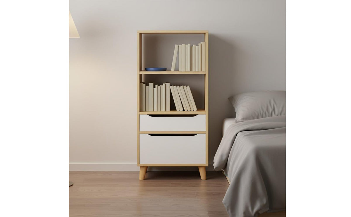 Small Footprint Slim Bookcase Solid Wood Legs Tall Wooden Storage Unit Nordic Design Narrow Bookshelf with Drawer for Home Office