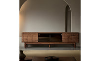 Solid Wood TV Cabinet with Glass Doors Black Walnut TV Stand with LED Light Lighted Media Console Mid-Century for Living Room