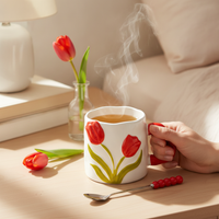 Colorful Tulip Ceramic Mug with Spoon, Underglaze Water Cup, Teacher's Day Gift for Women