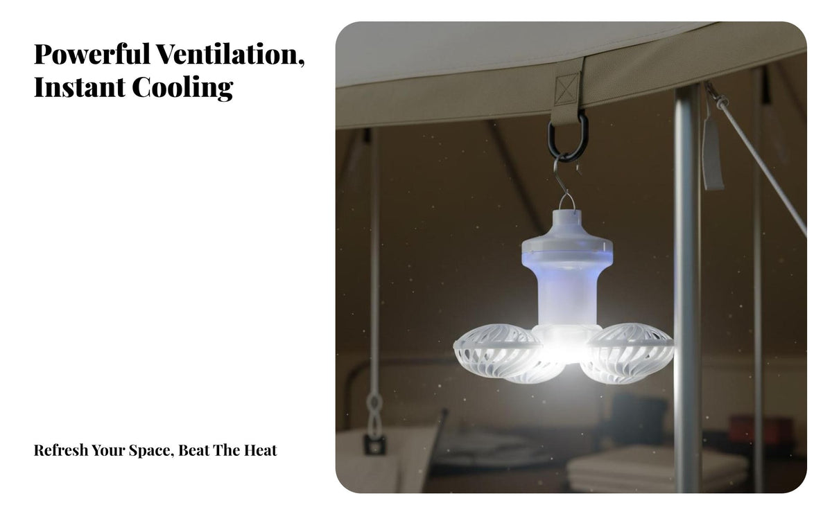 Double Charging Solar Camping Fan Light Multiple Lighting Modes Rechargeable Tent Light Fan Battery Level Indicator for Hiking, Beach