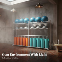 Metal Frame Exercise Equipment Storage Rack Large Capacity Exercise Ball and Mat Holder Stable Structure Commercial Gym Storage Unit Heavy Duty for Dance Studio