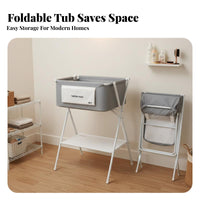 Ergonomic Height Pet Bath Tub with Stand Built-in Drainage System Collapsible Pet Tub Extendable Drain Hose Foldable Dog Bath Integrated Storage Shelf for Cats, Small Dogs, Outdoor